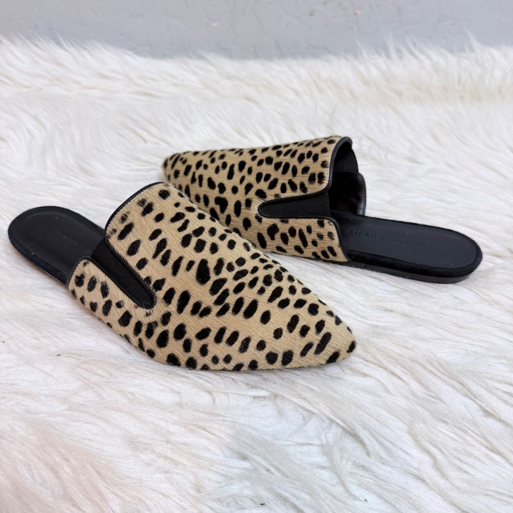 Jenni Kayne Leopard Calf Hair Pointed Toe Mules Flats Size 38 7.5 Made in Italy